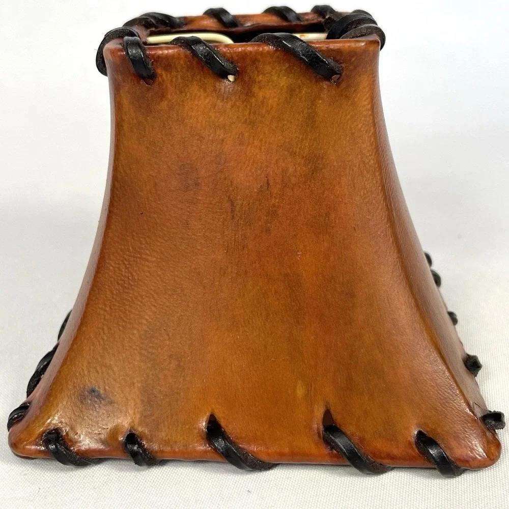 Vintage A Foss Shade Rawhide‎ Leather Laced Clip-On Mini Lampshade Rustic 4
